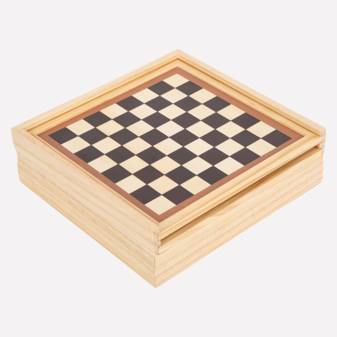 Coffret 7 Jeux Classiques en Bois avec échiquier intégré pour des heures de divertissement en famille