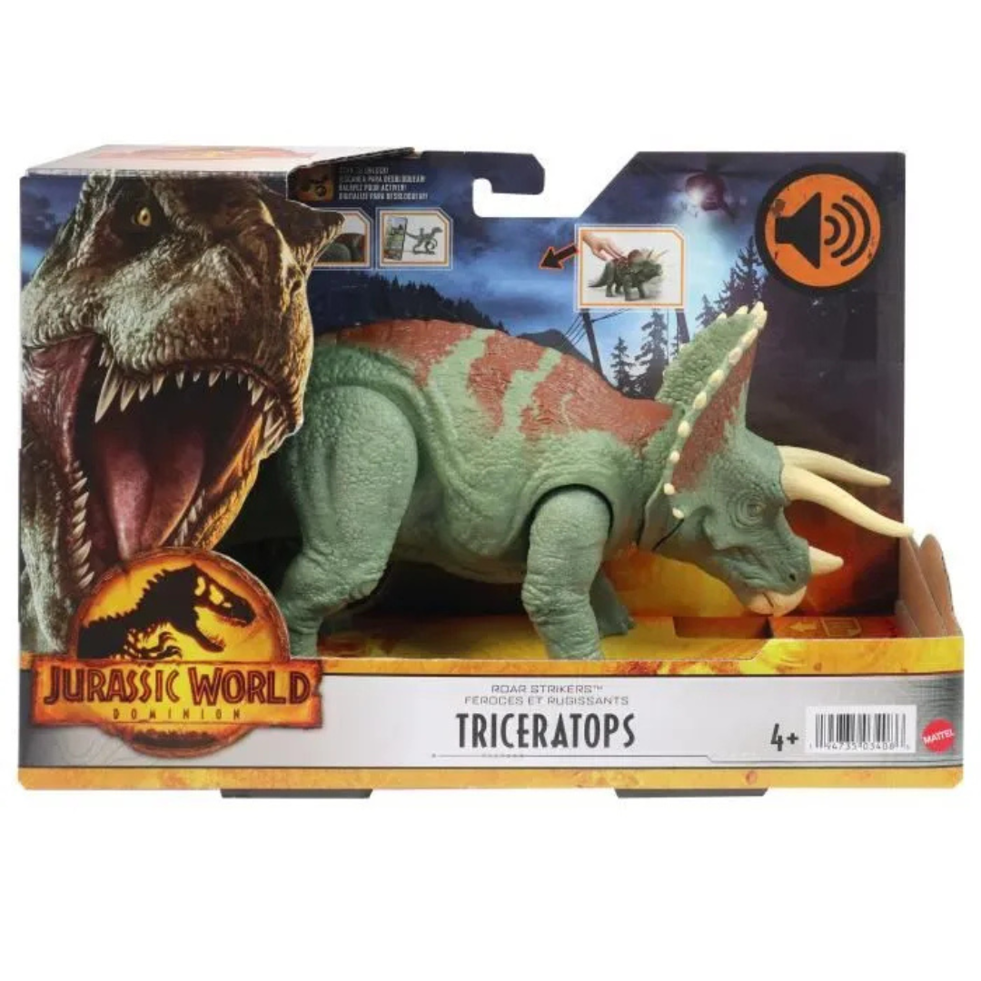Figurine Dinosaure Triceratops en vert avec son de rugissement, idéale pour les fans de Jurassic World