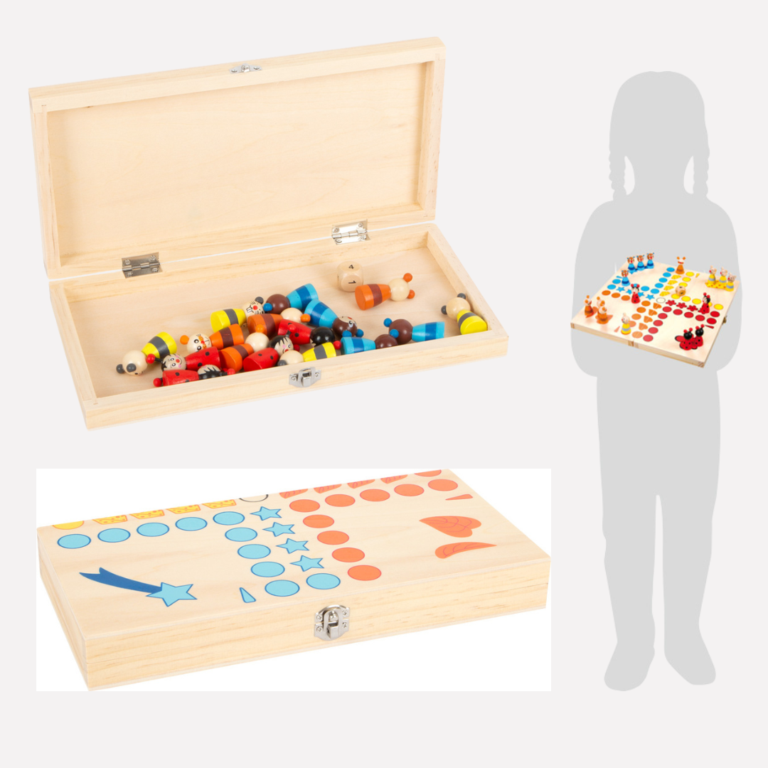 Jeu de Société Ludo Animaux en bois avec pièces colorées et boîte de rangement pratique