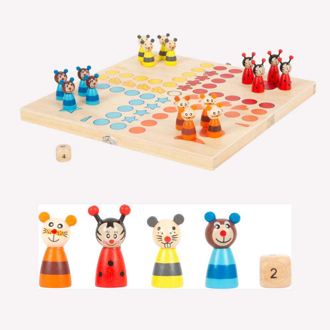 Jeu de Société Ludo Animaux en bois coloré avec pions amusants et dés pour les enfants
