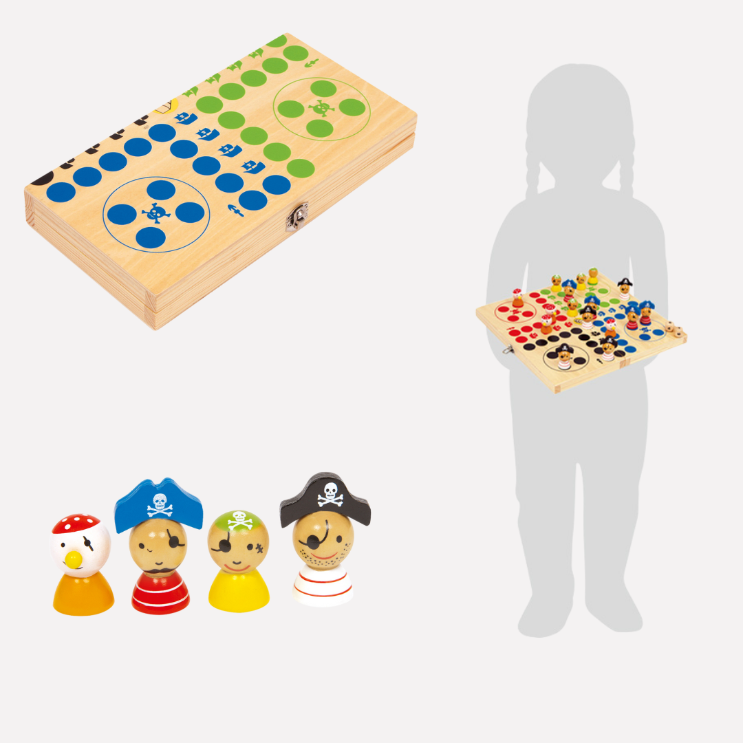 Jeu de Société Ludo Ile aux Pirates en bois avec figurines de pirates colorées et plateau de jeu