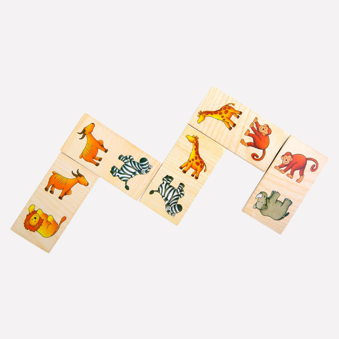 Jeu Domino Safari en bois avec illustrations d'animaux colorés pour les enfants