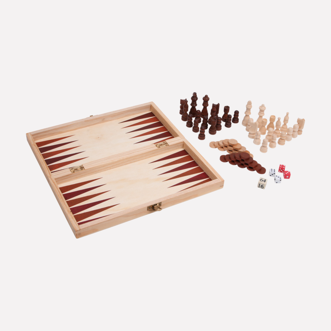 Jeux Classiques 3-en-1 dans un Coffret en Bois comprenant échecs, dames et backgammon