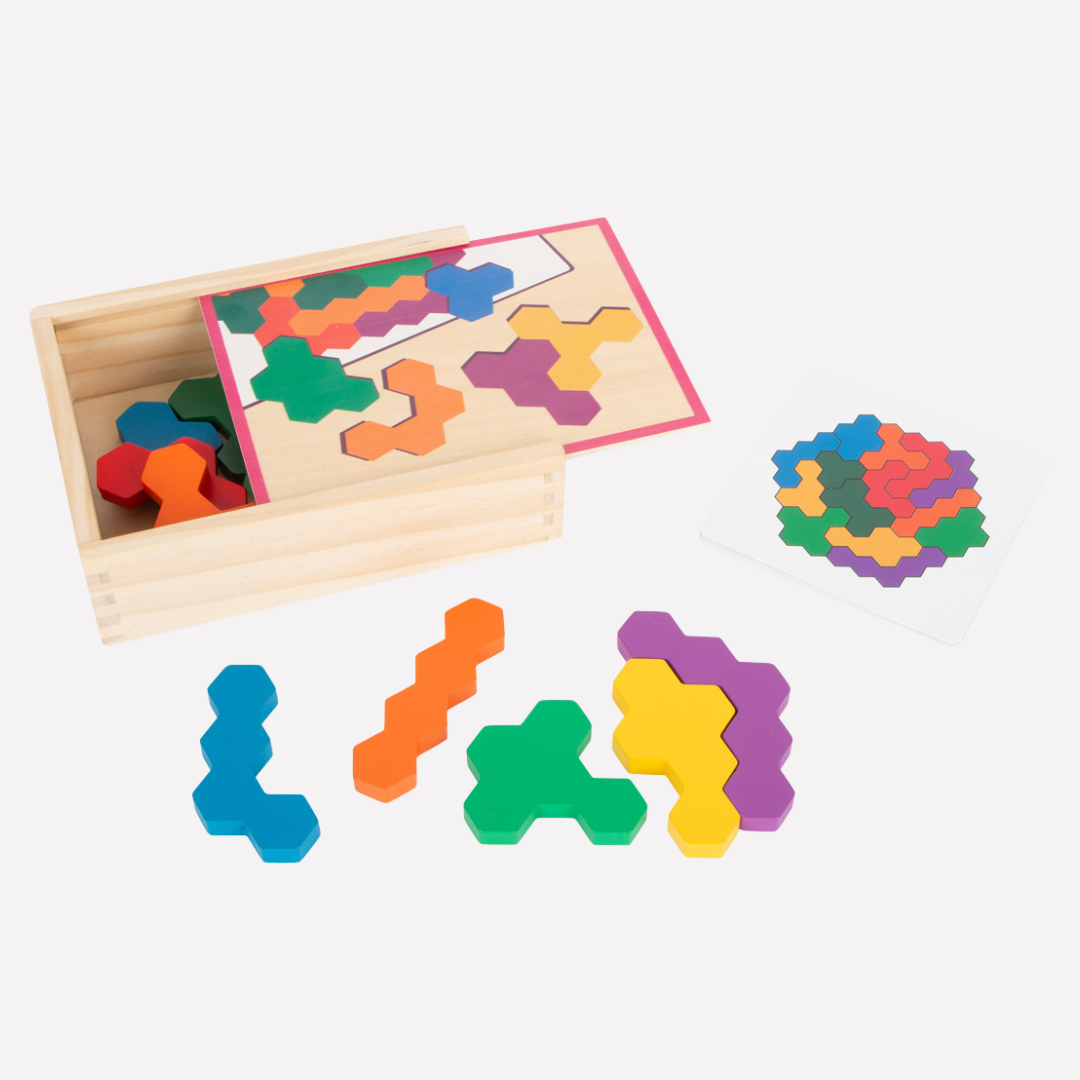 Puzzle Hexagonal en Bois coloré avec pièces variées pour le développement cognitif des enfants