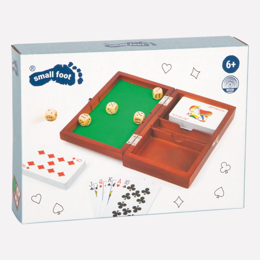 Boîte de jeux de cartes et de dès en bois de Small Foot pour divertir les enfants à partir de 6 ans