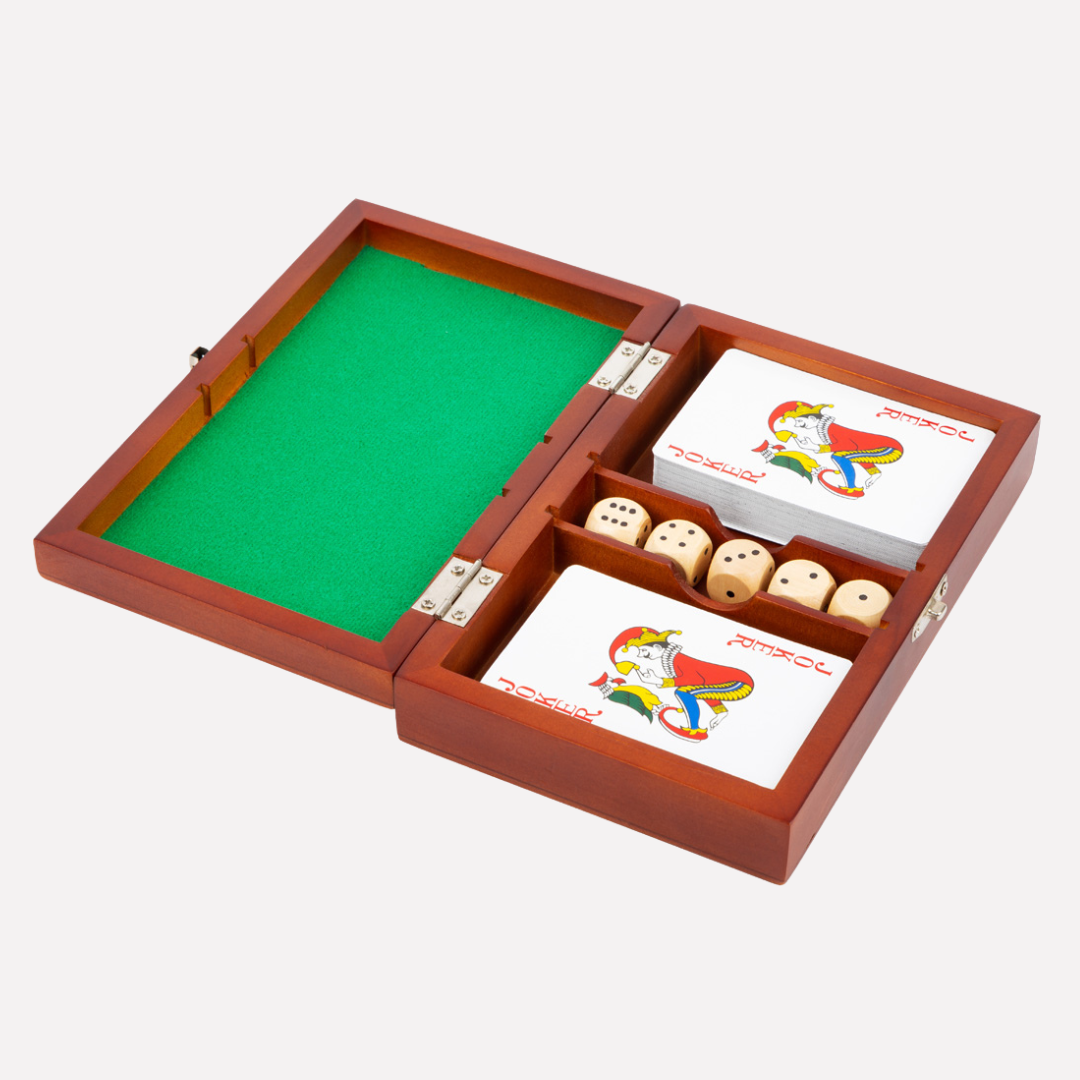 Boîte de jeux de cartes et de dès en bois avec intérieur feutré et dés en bois de Jokajeux
