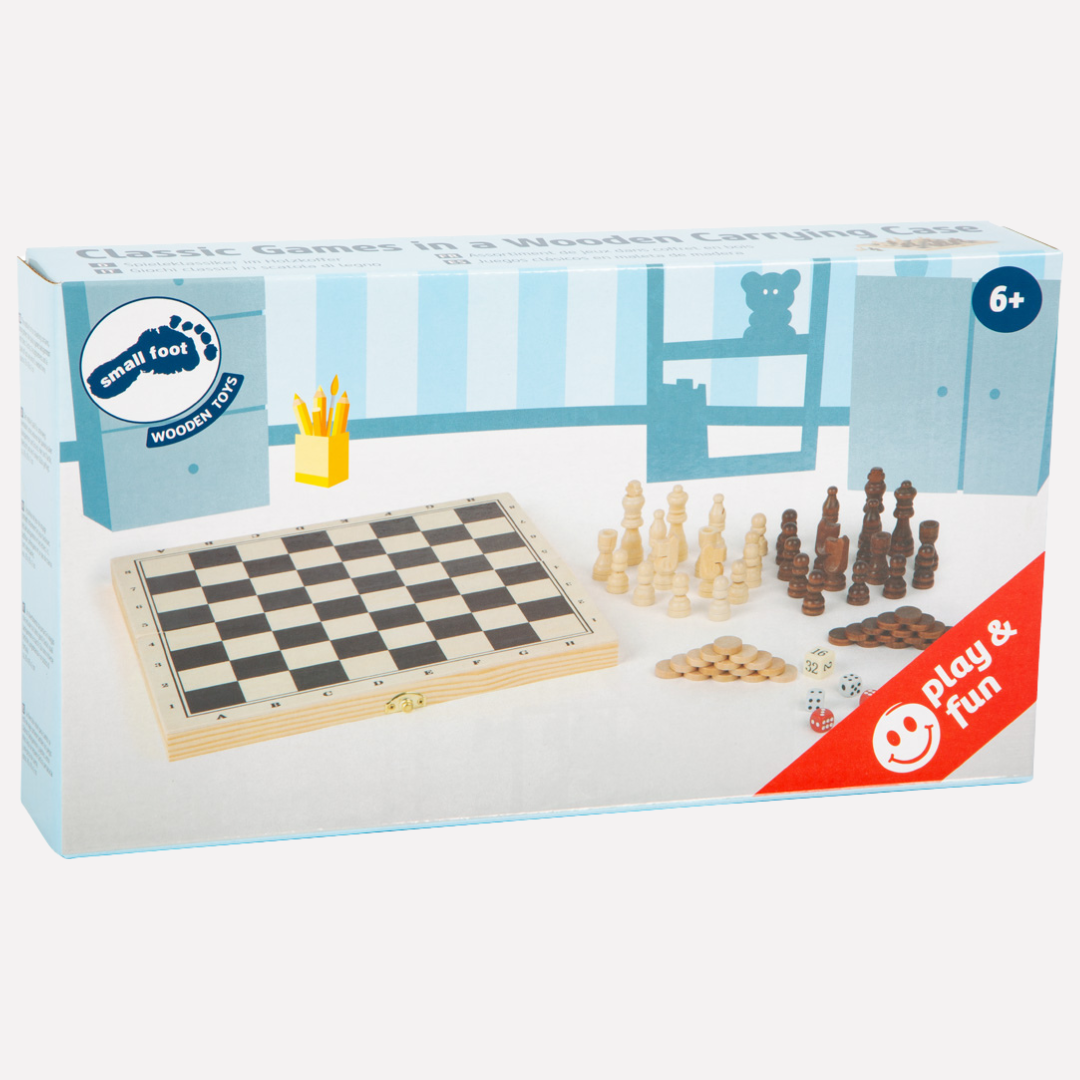 Jeux Classiques 3-en-1 dans un Coffret en Bois avec échiquier et pièces de jeu en bois