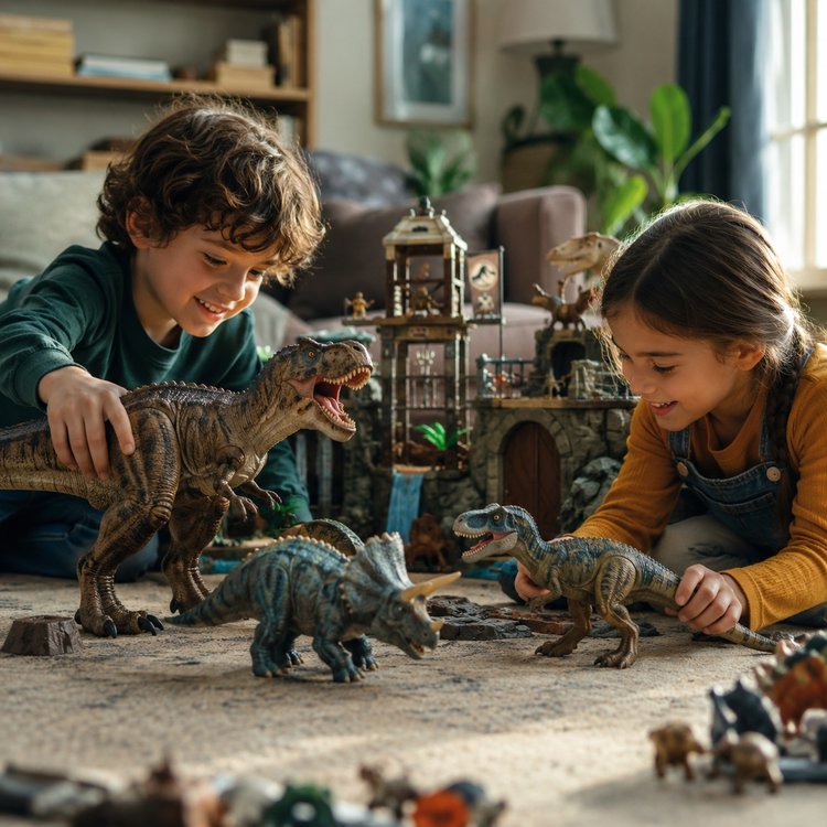 Enfant jouant avec des figurines de dinosaures dans l'Univers des Dinosaures, explorant la préhistoire avec joie.