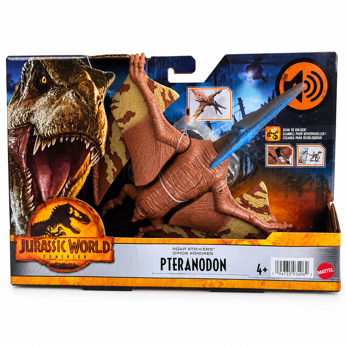 Figurine Ptéranodon sonore Jurassic World Dominion Mattel dans sa boîte Roar Strikers