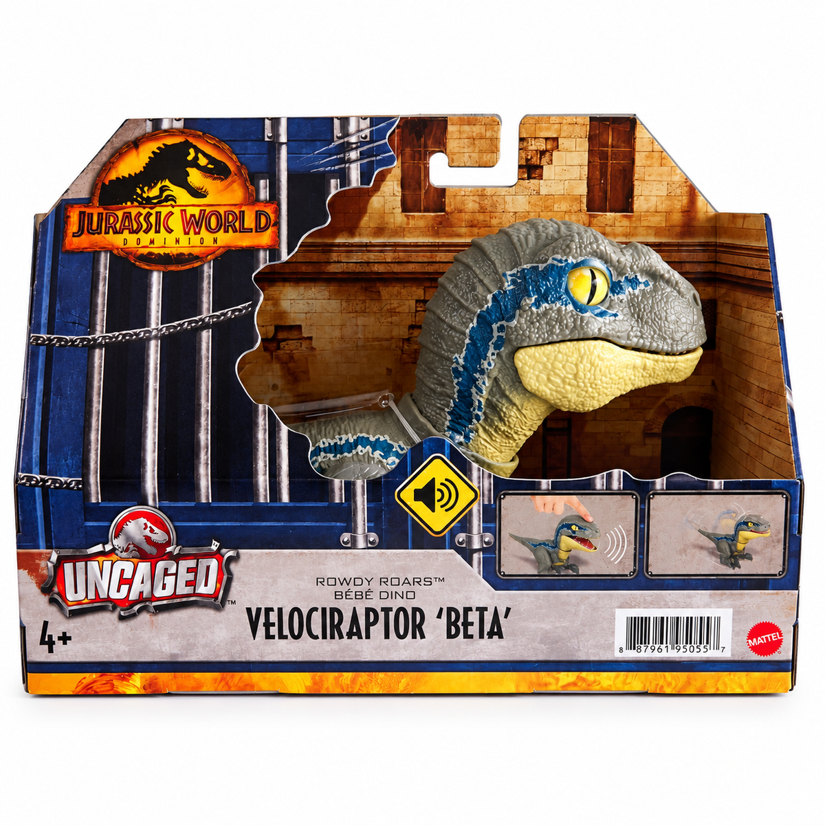 Figurine Vélociraptor Bêta Jurassic World Dominion Mattel dans sa boîte Uncaged Rowdy Roars