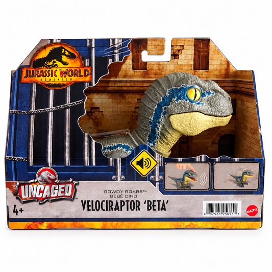 Figurine Vélociraptor Bêta Jurassic World Dominion Mattel dans sa boîte Uncaged Rowdy Roars