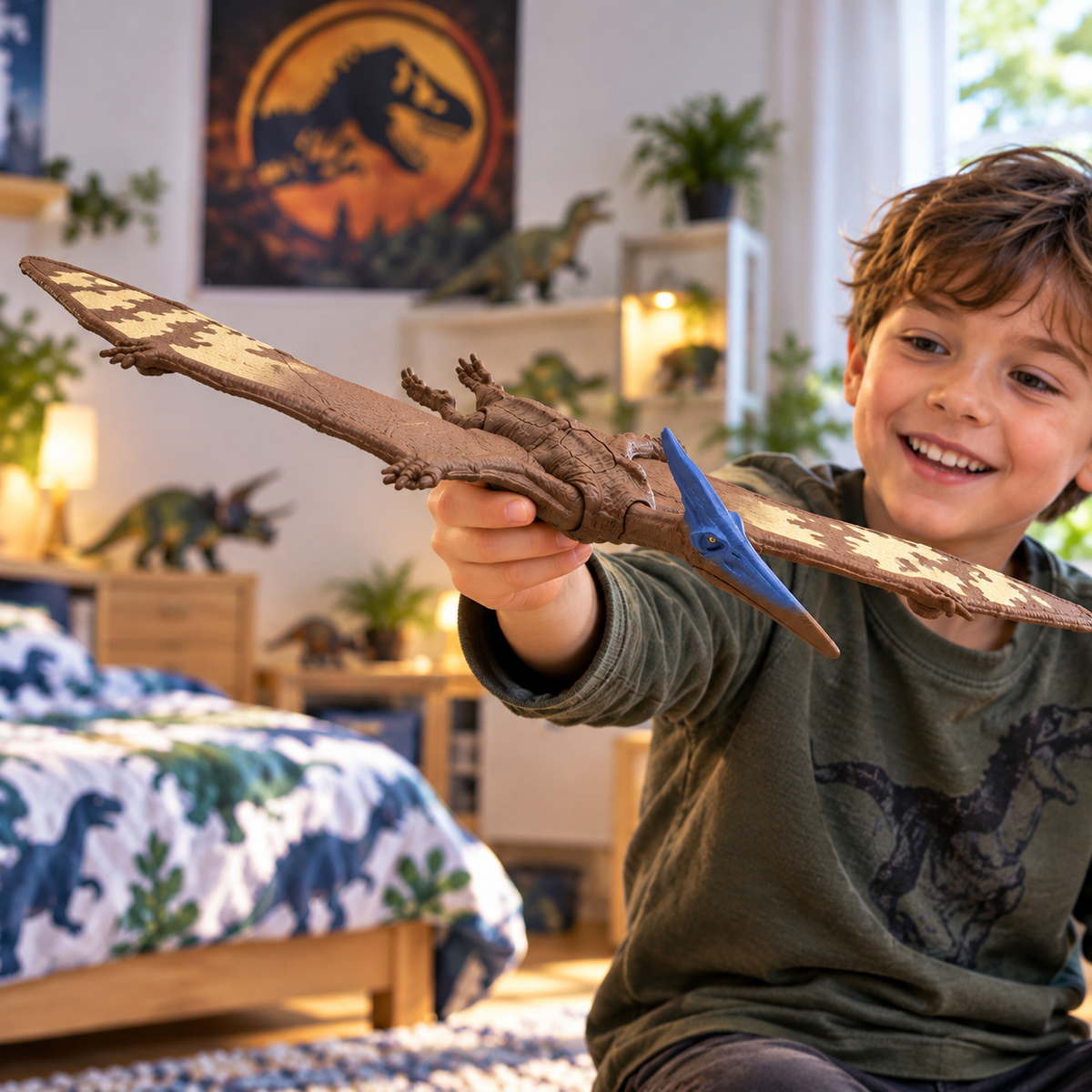 Image d'ambiance non contractuelle : enfant jouant avec la figurine Ptéranodon Jurassic World dans sa chambre