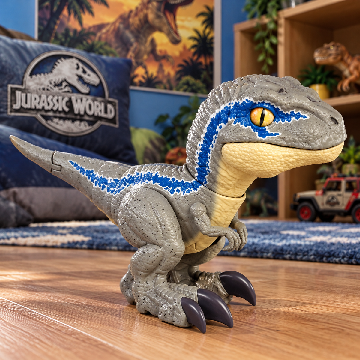 Image d'ambiance non contractuelle : figurine Vélociraptor Bêta Jurassic World mise en scène dans une chambre d'enfant