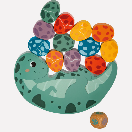 Balancier Dino en bois coloré avec œufs, un jeu éducatif pour enfants de Jokajeux