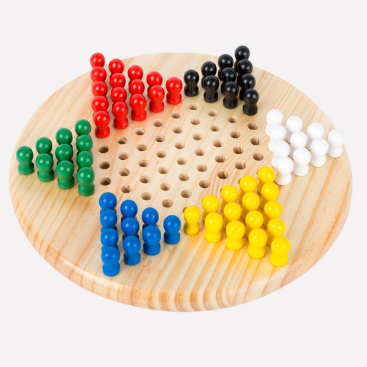 Jeu Dames Chinoises en bois avec pions colorés sur un plateau circulaire décoratif