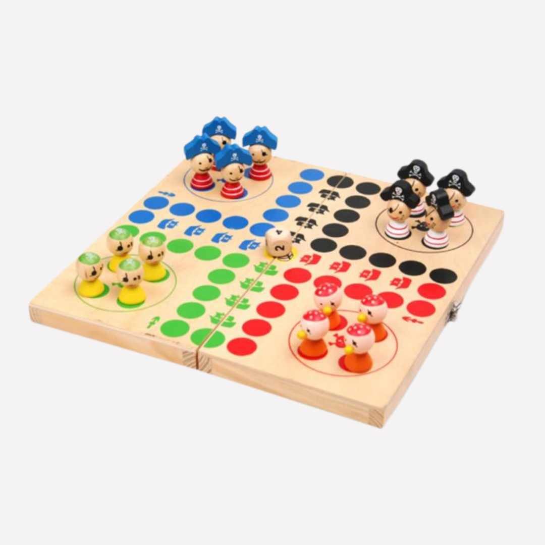 Jeu de Société Ludo Ile aux Pirates en bois avec figurines de pirates colorées pour s'amuser en famille