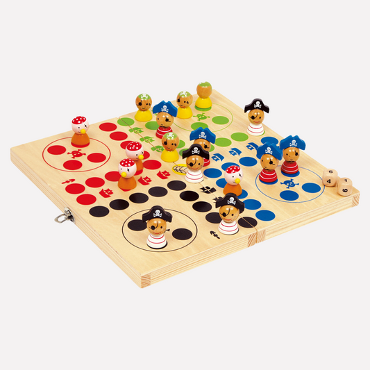 Jeu de Société Ludo Ile aux Pirates en bois avec pions de pirates colorés pour les enfants