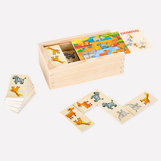 Jeu Domino Safari en bois avec illustrations d'animaux pour les enfants, idéal pour le divertissement éducatif