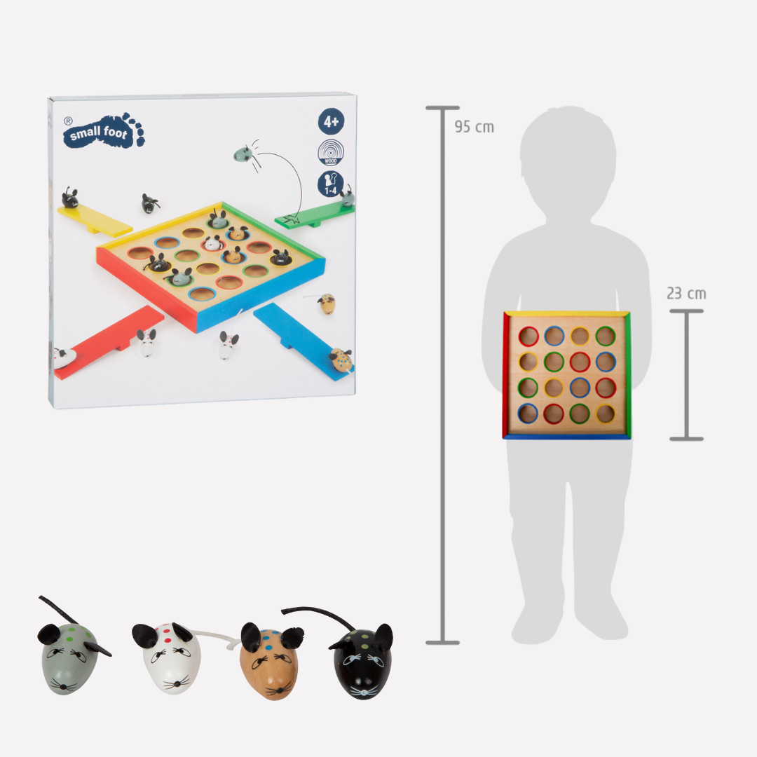 Jeu Souris Sauteuses en Bois de Jokajeux avec plateau coloré et souris en bois pour enfants à partir de 4 ans