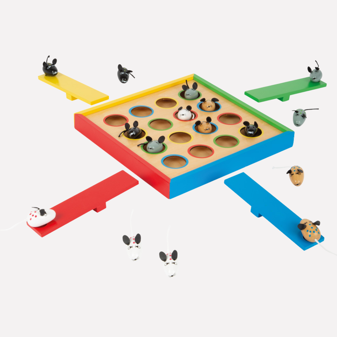 Jeu Souris Sauteuses en Bois de Jokajeux avec souris colorées et plateaux de jeu en bois