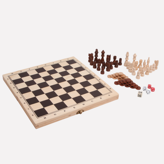 Jeux Classiques 3-en-1 dans un Coffret en Bois avec échecs, dames et jeux de dés