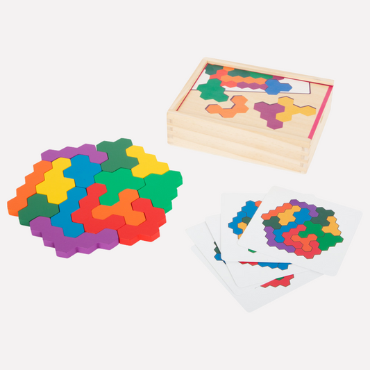 Puzzle Hexagonal en Bois coloré avec pièces en forme d'hexagone et cartes de modèle incluses