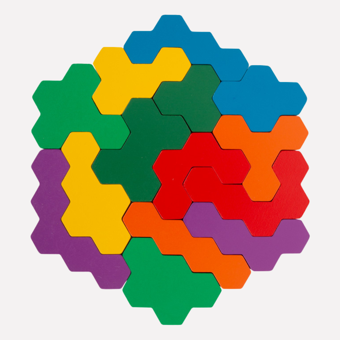 Puzzle Hexagonal en Bois coloré avec pièces en forme d'hexagone pour stimuler la créativité des enfants