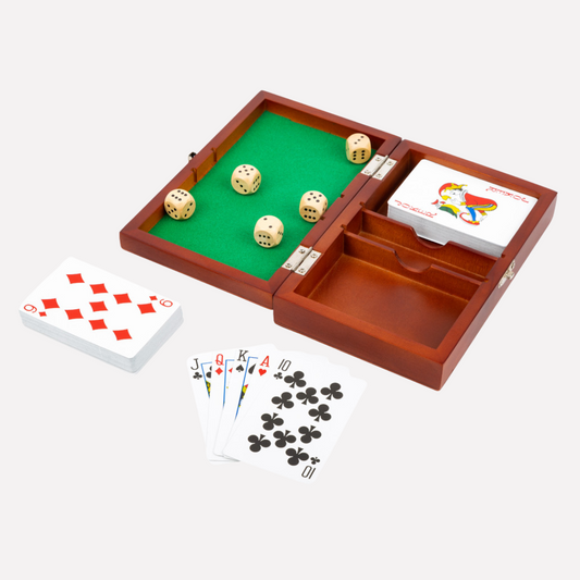Boîte de jeux de cartes et de dès en bois avec dés et cartes, idéale pour les soirées en famille